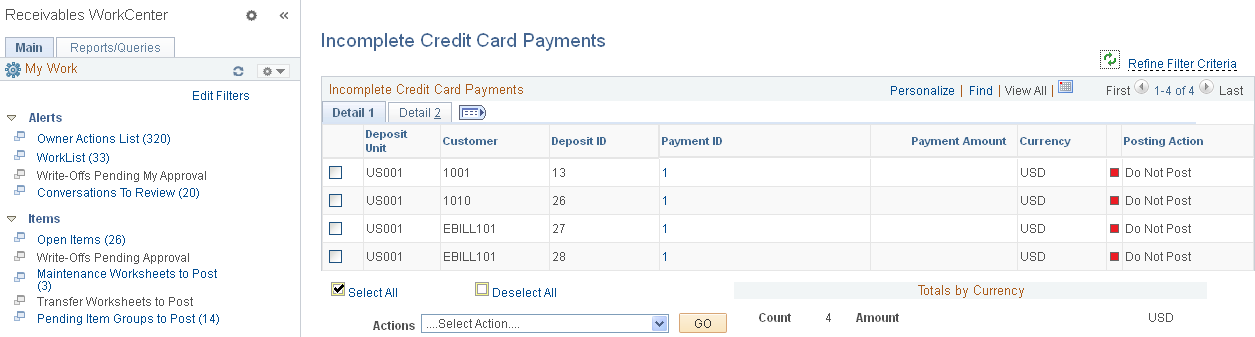 Incomplete Credit Card Payments page - Detail 1 tab