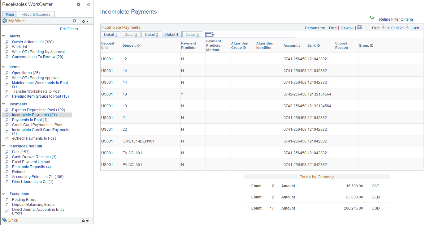Incomplete Payments page - Detail 4 tab