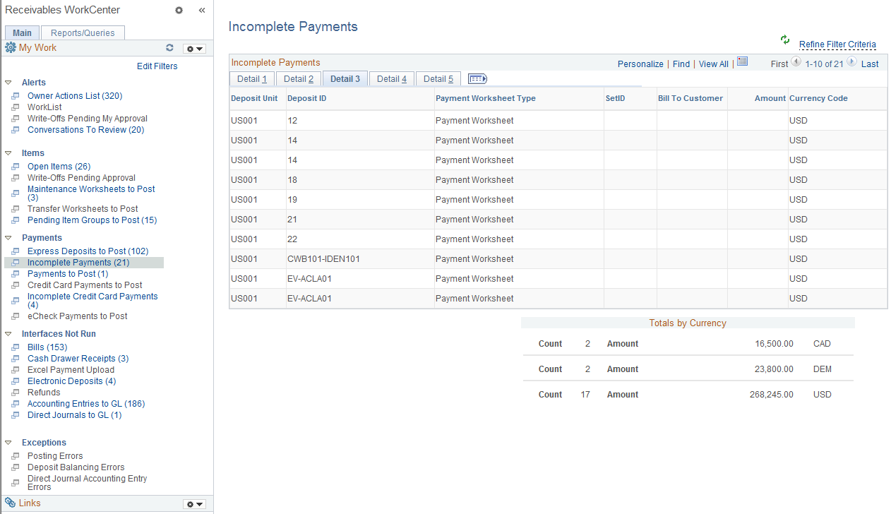 Incomplete Payments page - Detail 3 tab