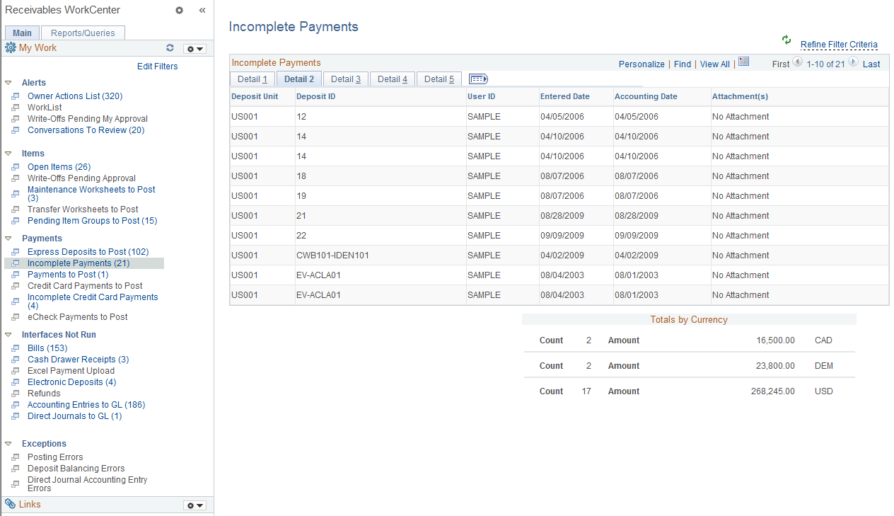 Incomplete Payments page - Detail 2 tab