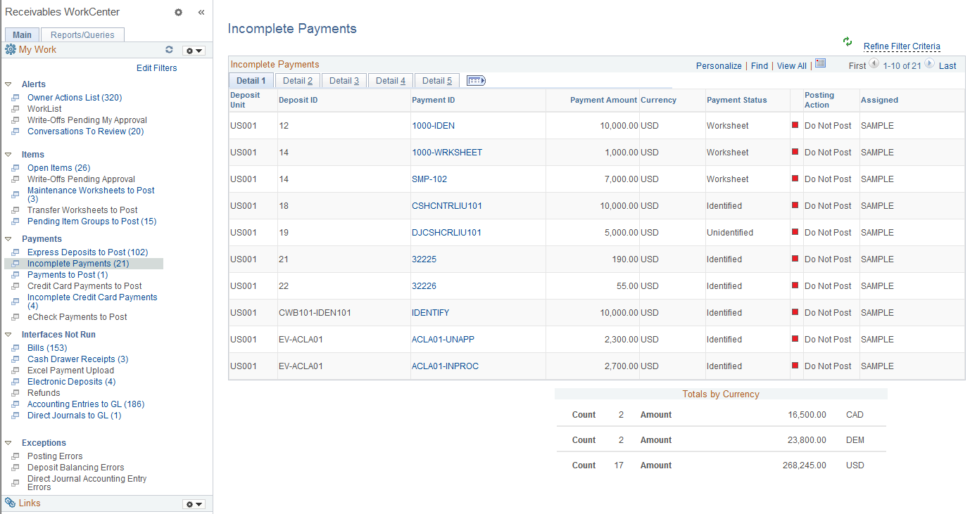 Incomplete Payments page - Detail 1 tab