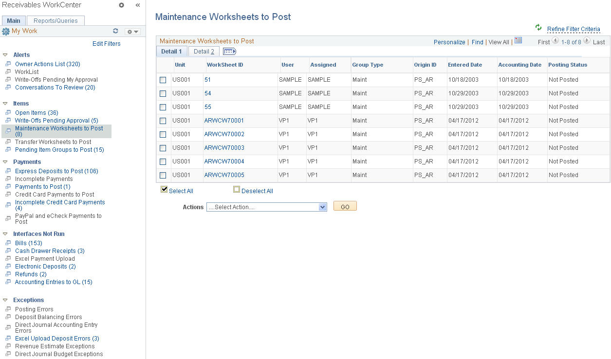 Maintenance Worksheets to Post page - Detail 1 tab