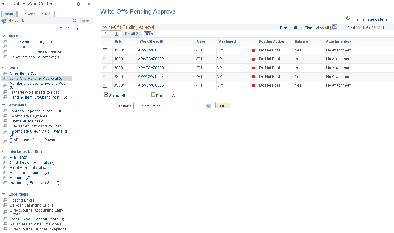 Write-Offs Pending Approval page - Detail 2 tab