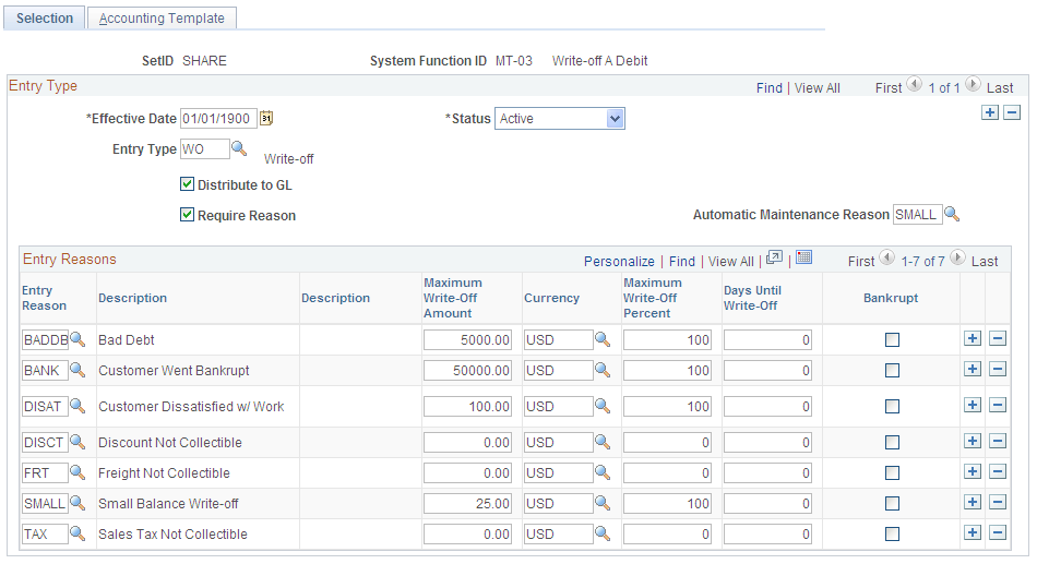 Automatic Entry Type - Selection page for Entry Type WO