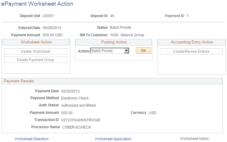 ePayment Worksheet Action page