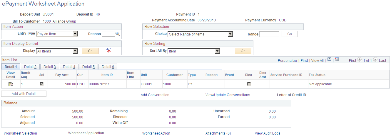 ePayment Worksheet Application page