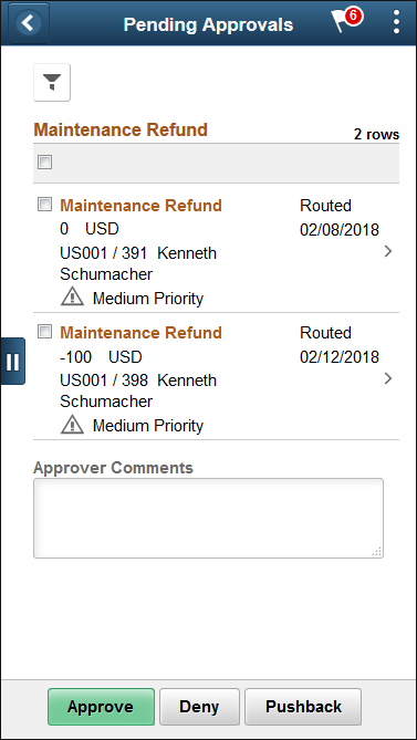 Pending Approvals - Maintenance Refund page