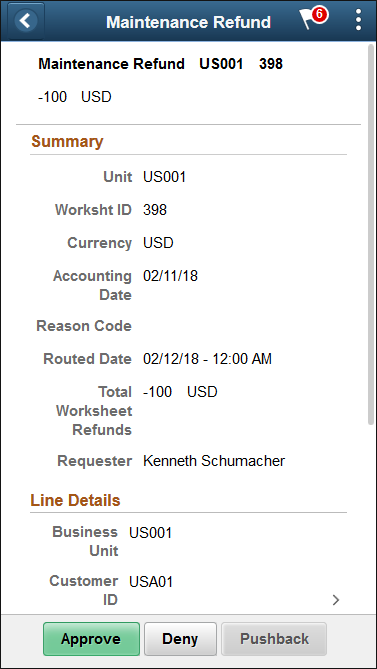 Maintenance Refund - Approval Header Detail page