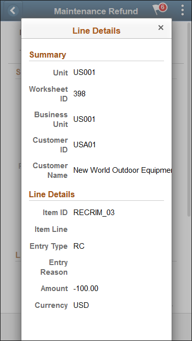 Line Details - Maintenance Refund page