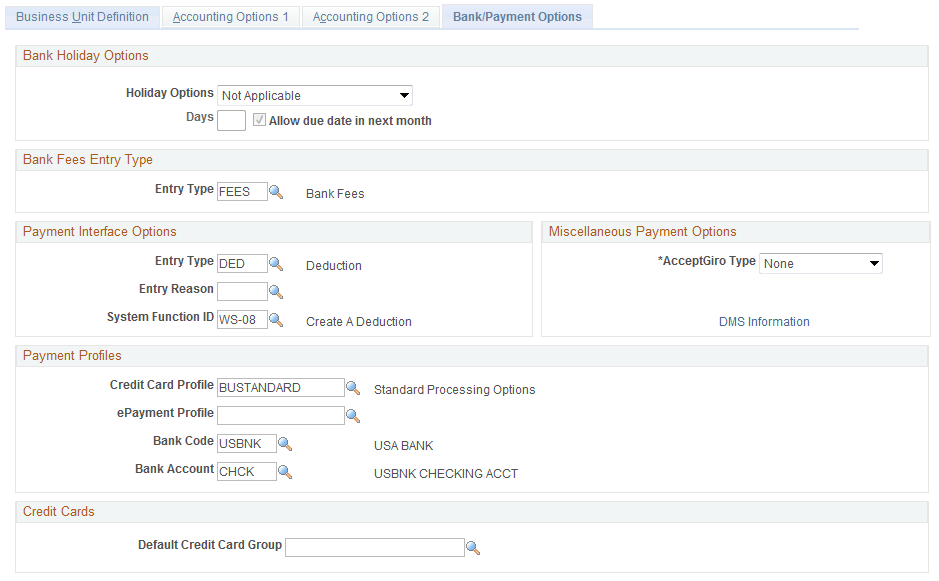 Receivables Definition - Bank/Payment Options page