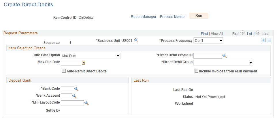 Create Direct Debits page