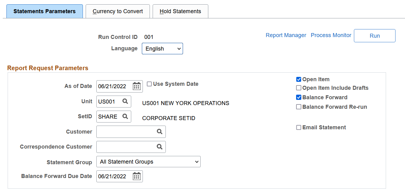 Statements Parameters page