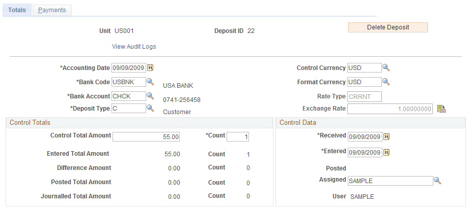 Regular Deposit - Totals page