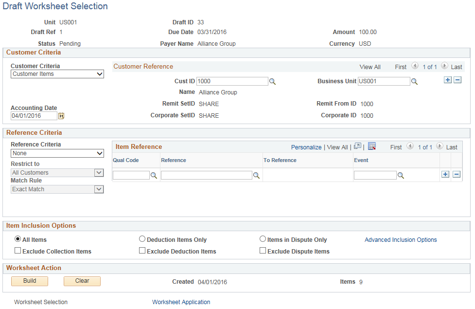 Draft Worksheet Selection page