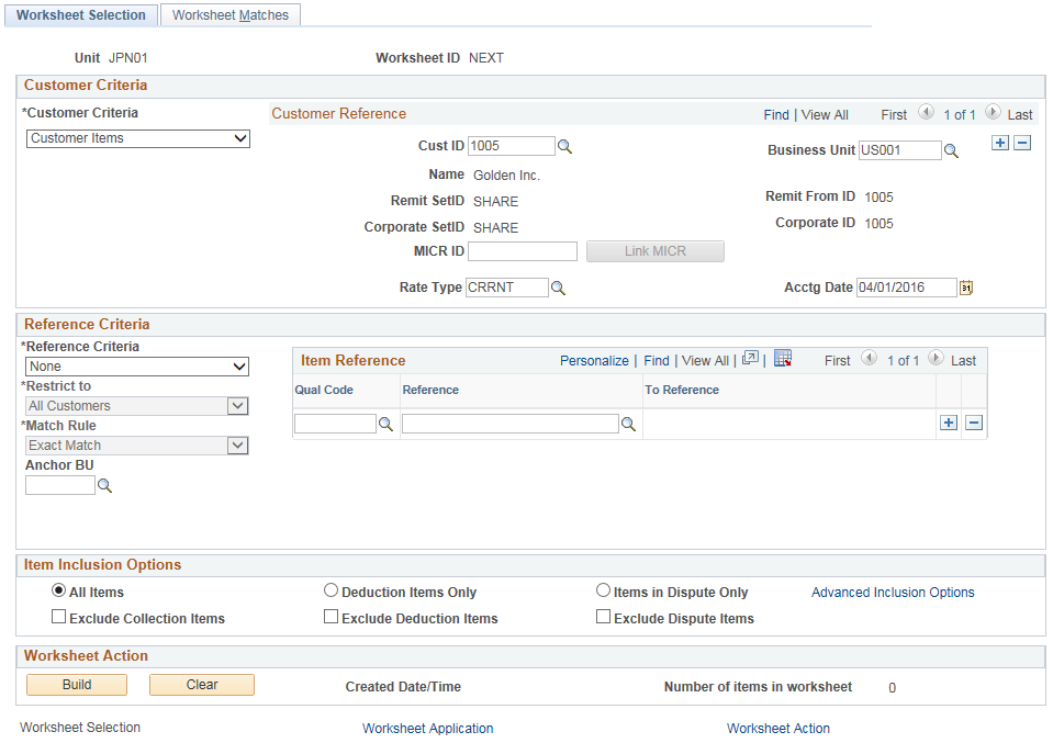 Maintenance Worksheet - Worksheet Selection page