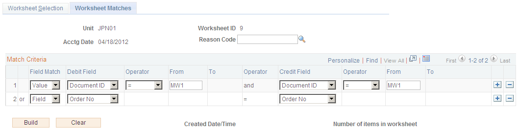 Maintenance Worksheet - Worksheet Matches page