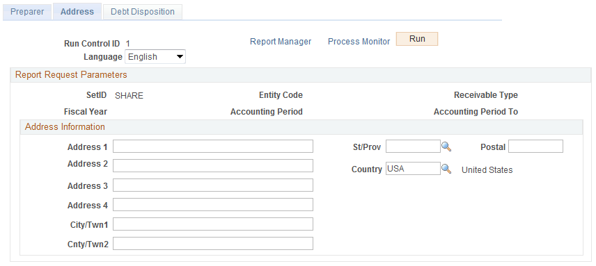 Treasury Report on Receivables - Address page