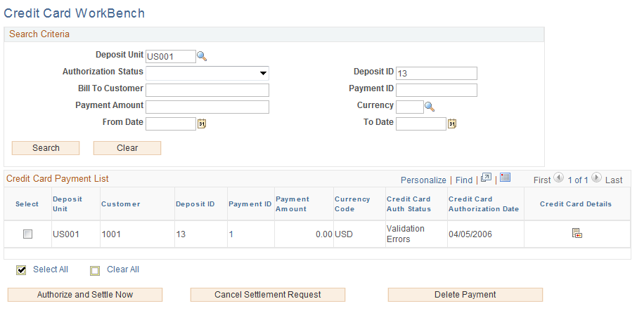 Credit Card Workbench page