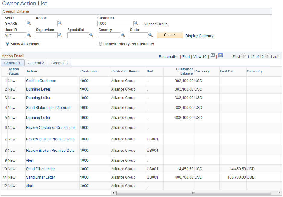 Owner Action List page - General 1 tab