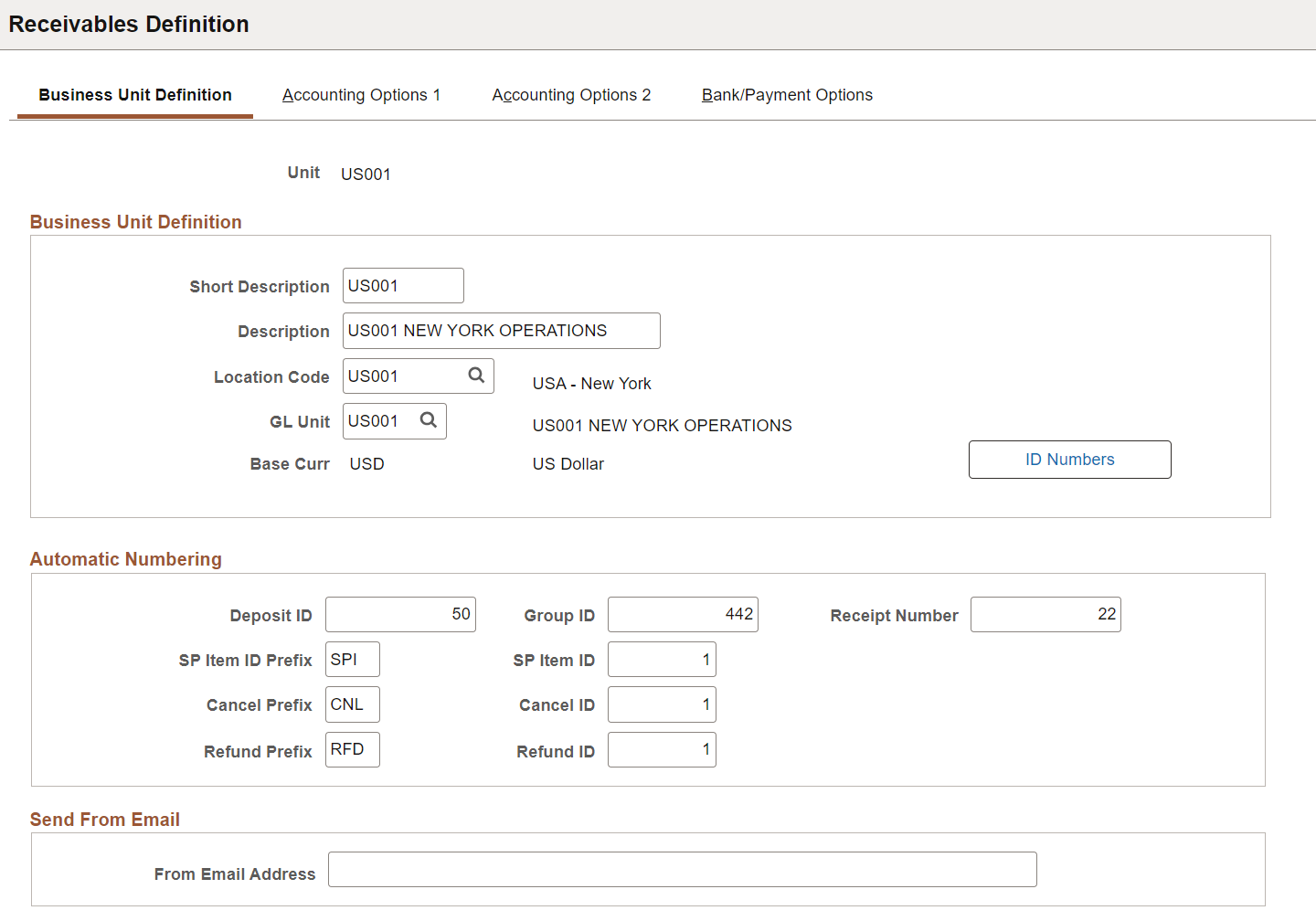 Receivables Definition - Business Unit Definition page