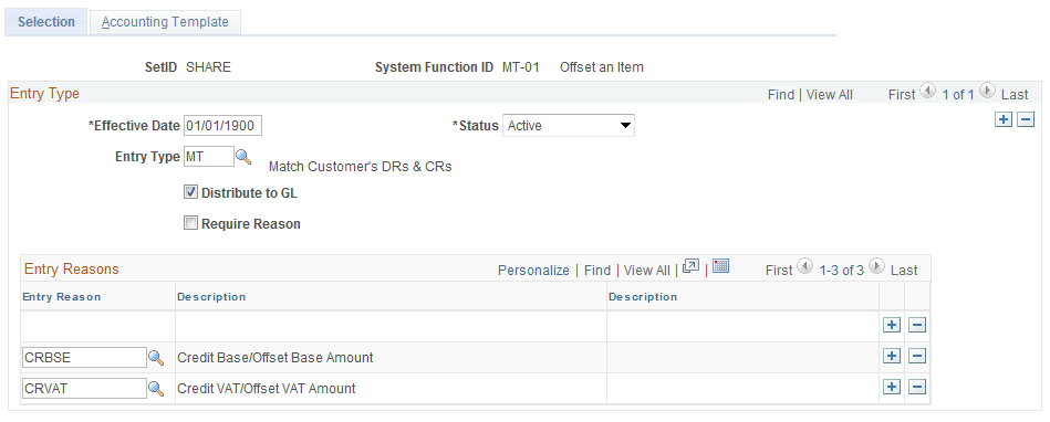 Automatic Entry Type - Selection page for Entry Type MT