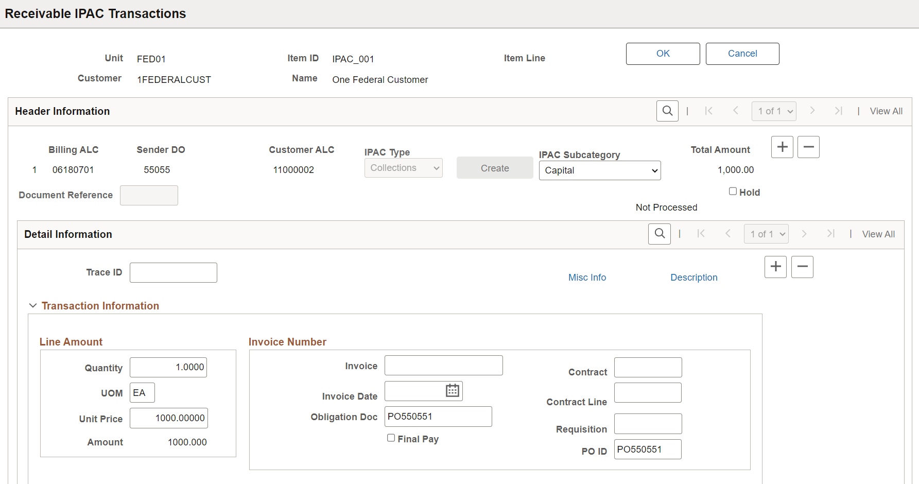 Receivable IPAC Transactions page (1 of 3)