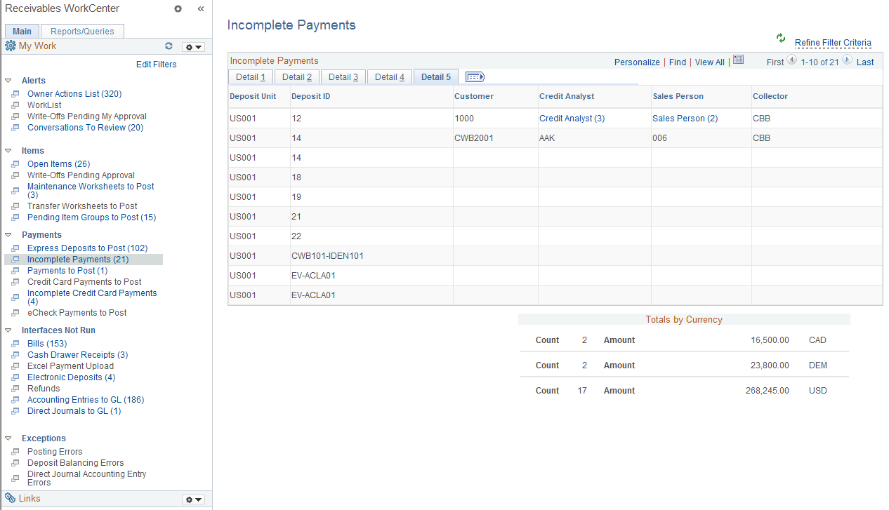 Incomplete Payments page - Detail 5 tab
