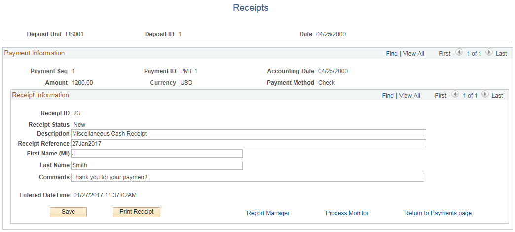 Receipts page (for miscellaneous cash receipts)