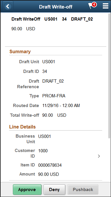 Draft Write-Off - Approval Header Detail page (SFF)