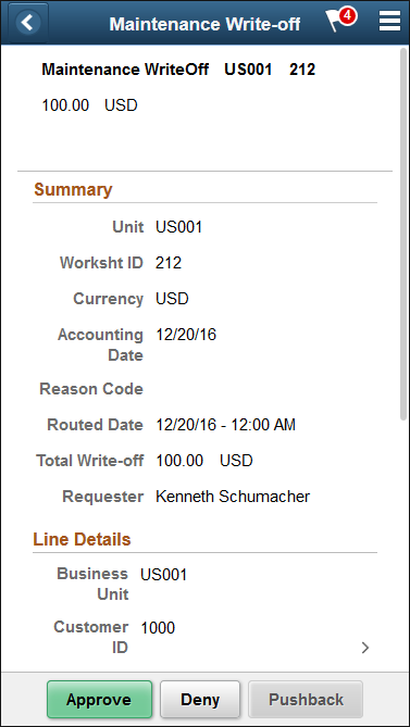 Maintenance Write-Off - Approval Header Detail page (SFF)