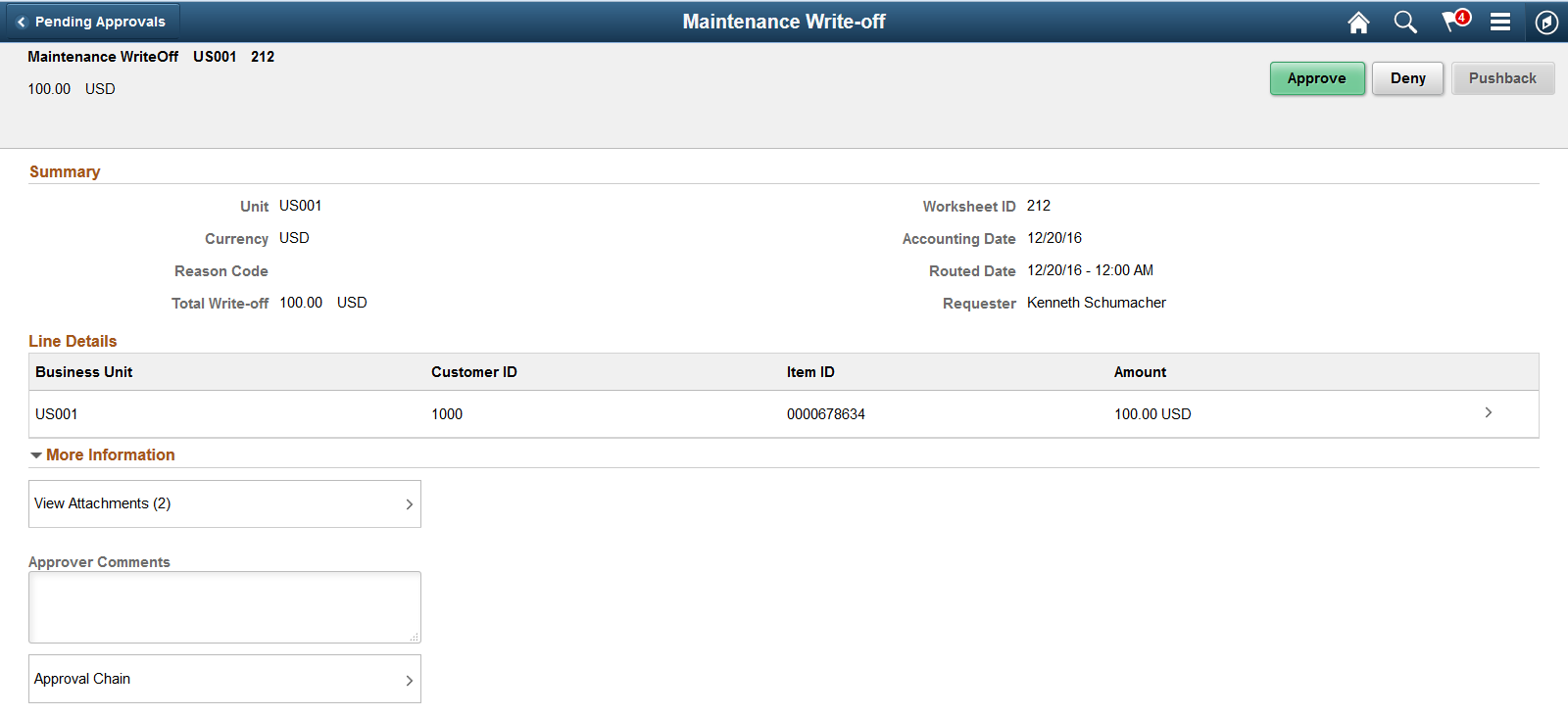 Maintenance Write-Off - Approval Header Detail page (LFF)