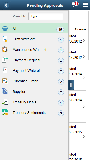 Pending Approvals - View By Transaction Type panel (SFF)