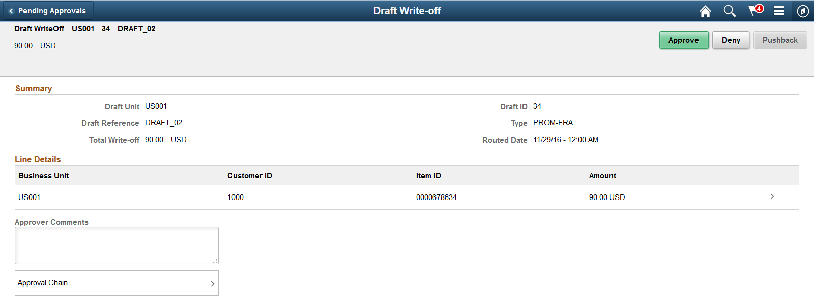 Draft Write-Off - Approval Header Detail page (LFF)