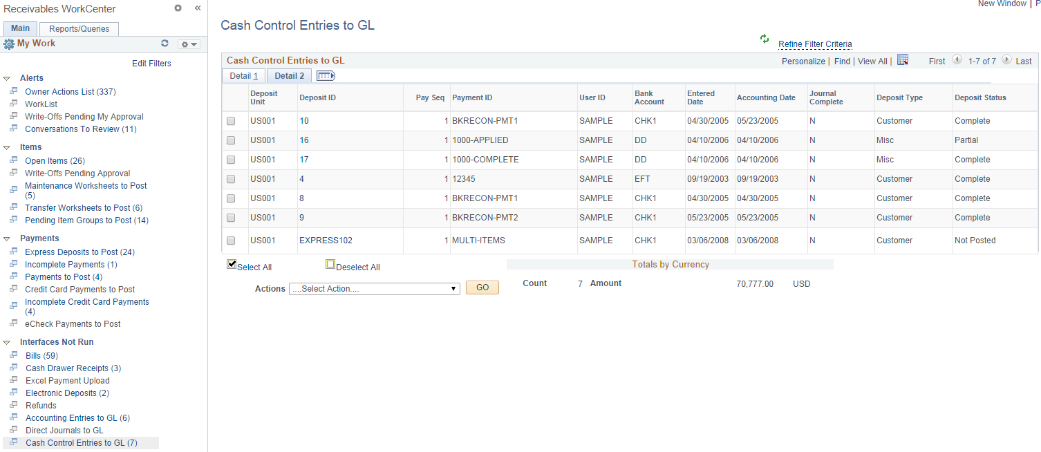 Cash Control Entries to GL page - Detail 2 tab