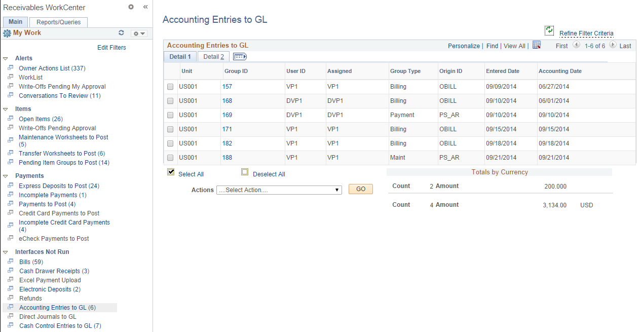 Accounting Entries to GL page - Detail 1 tab