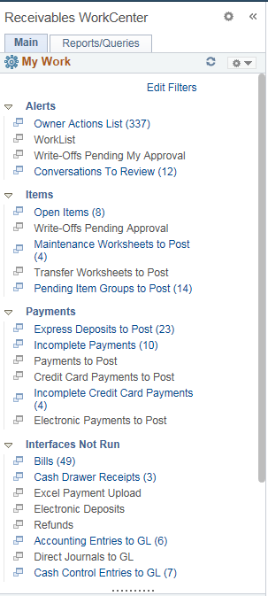 Receivables WorkCenter - My Work pagelet