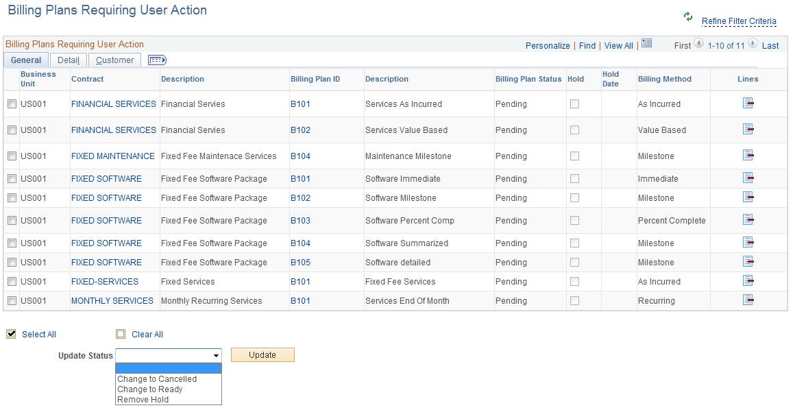 Billing Plans Requiring User Action page