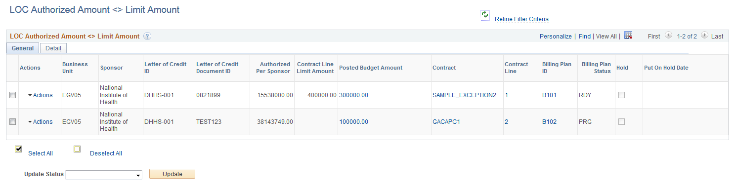 LOC Authorized Amount Less Than Greater Than Limit Amount page