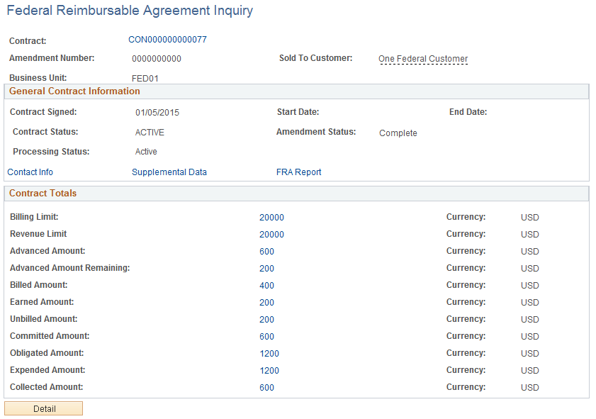 Federal Reimbursable Agreement Inquiry Page