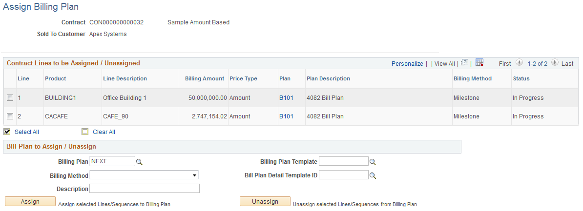 Assign Billing Plan Page