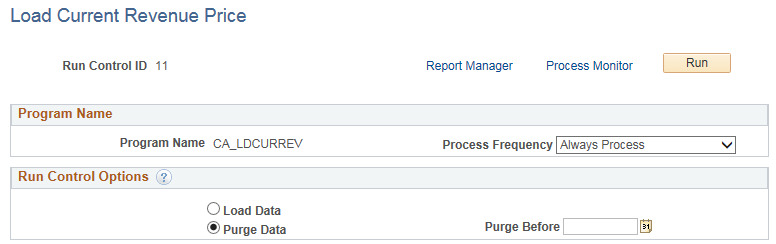 Load Current Revenue Price - Purge Data page