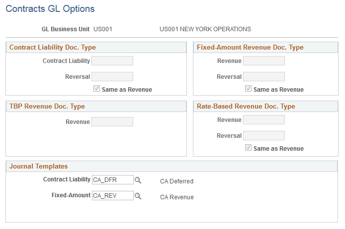 Contracts GL Options page