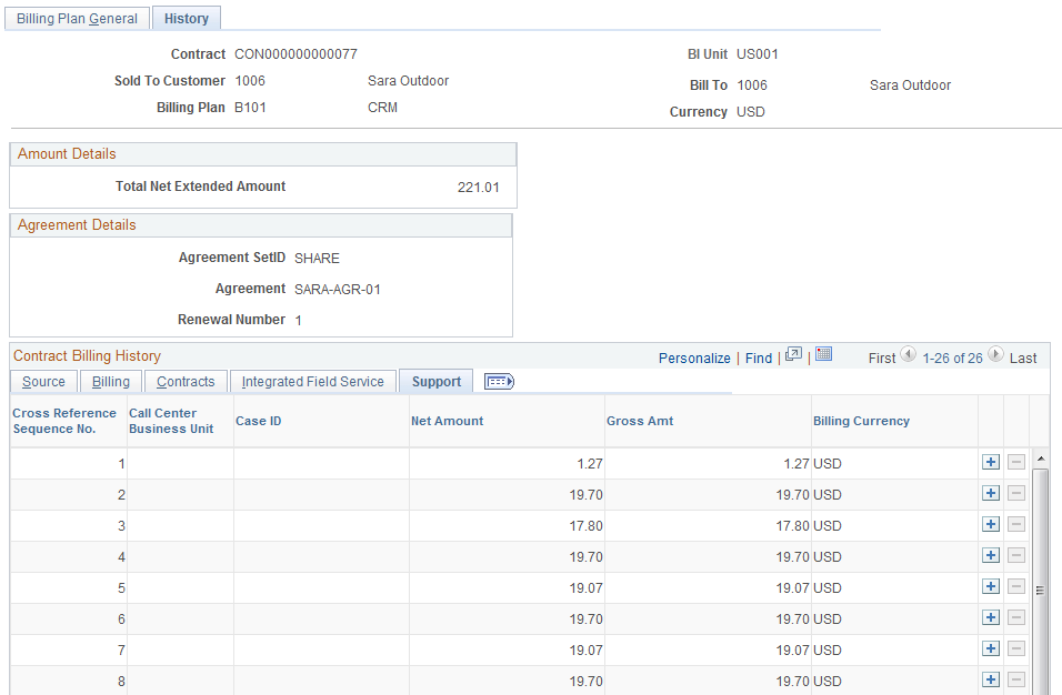 Billing Plan - History page: Support tab