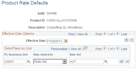 Product Rate Defaults page