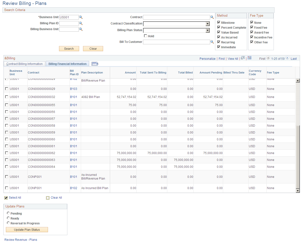 Review Billing - Plans page: Billing Financial Information tab