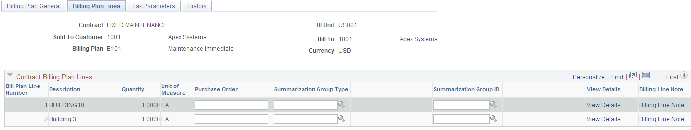 Billing Plan - Billing Plan Lines page