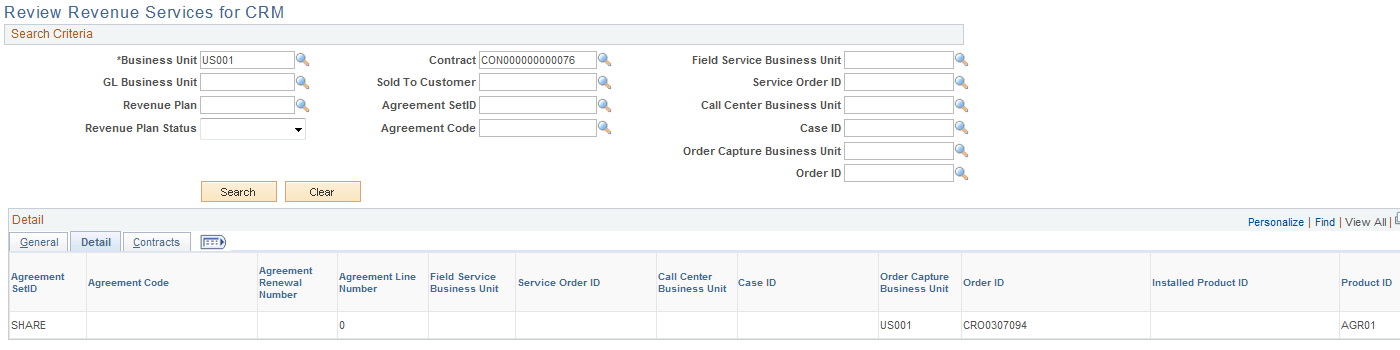 Review Revenue Services for CRM page: Detail tab