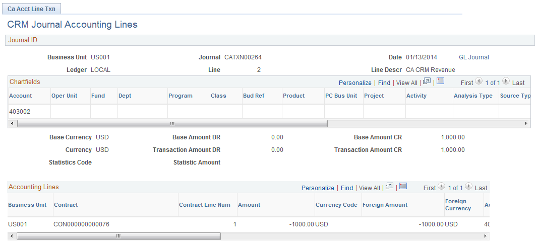 CRM Journal Accounting Lines page (debit entry)