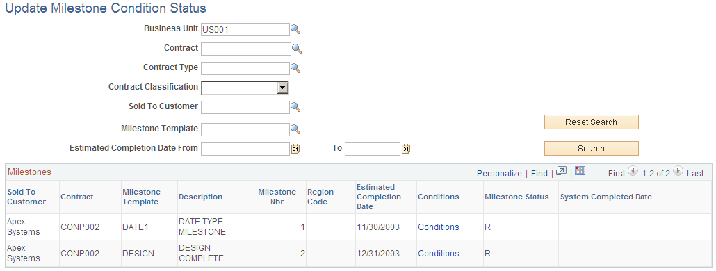 Update Milestone Condition Status page