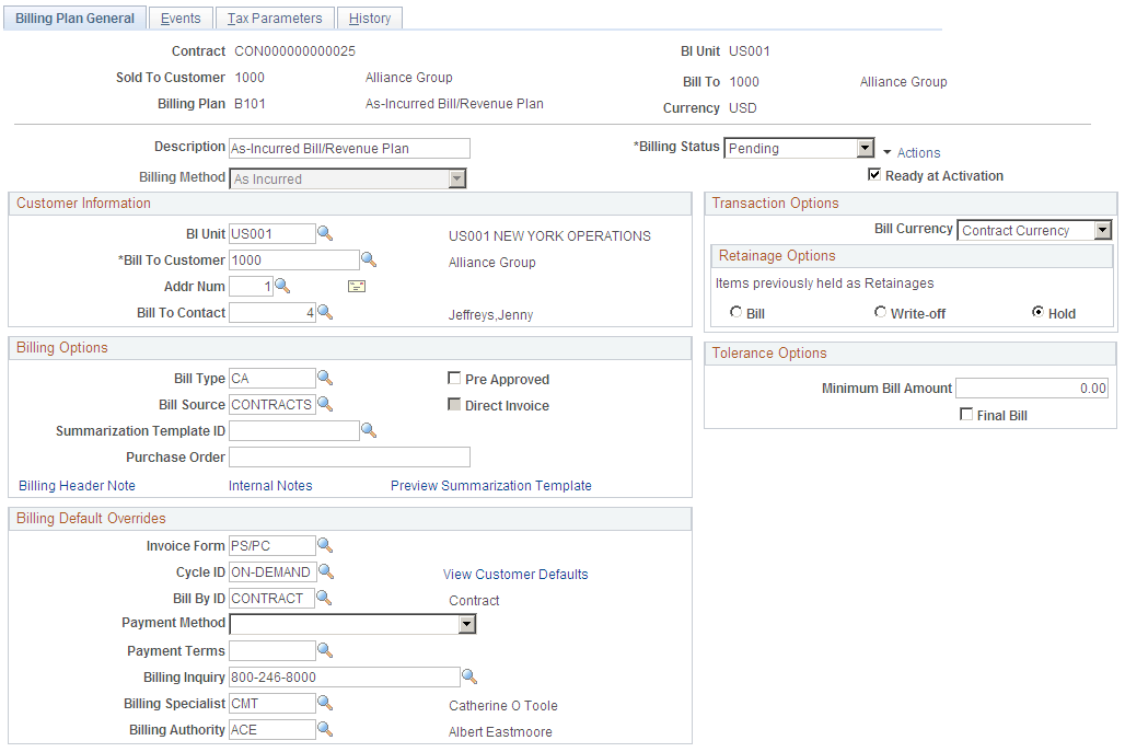 Billing Plan - Billing Plan General page